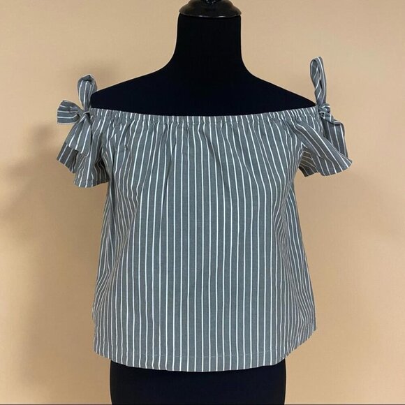5/$20 Lush Green White Stripe Off the Shoulder Cotton Blouse Top Bows Sz XS - Picture 2 of 10